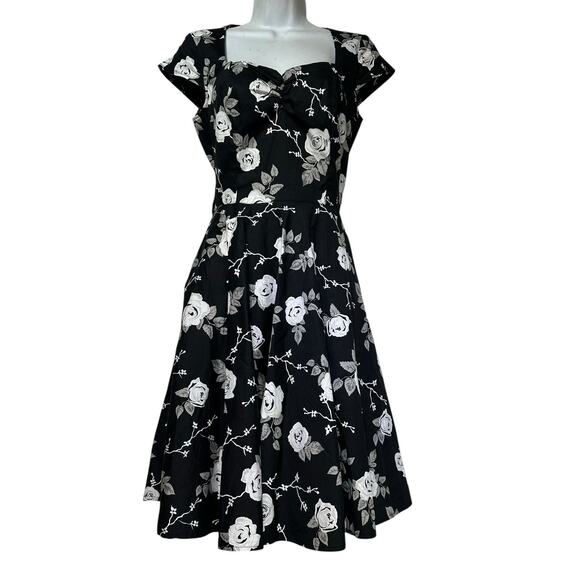 HELL BUNNY Vixen Natalia Fit & Flare Swing Dress Black Gray Floral Size M - Picture 1 of 7